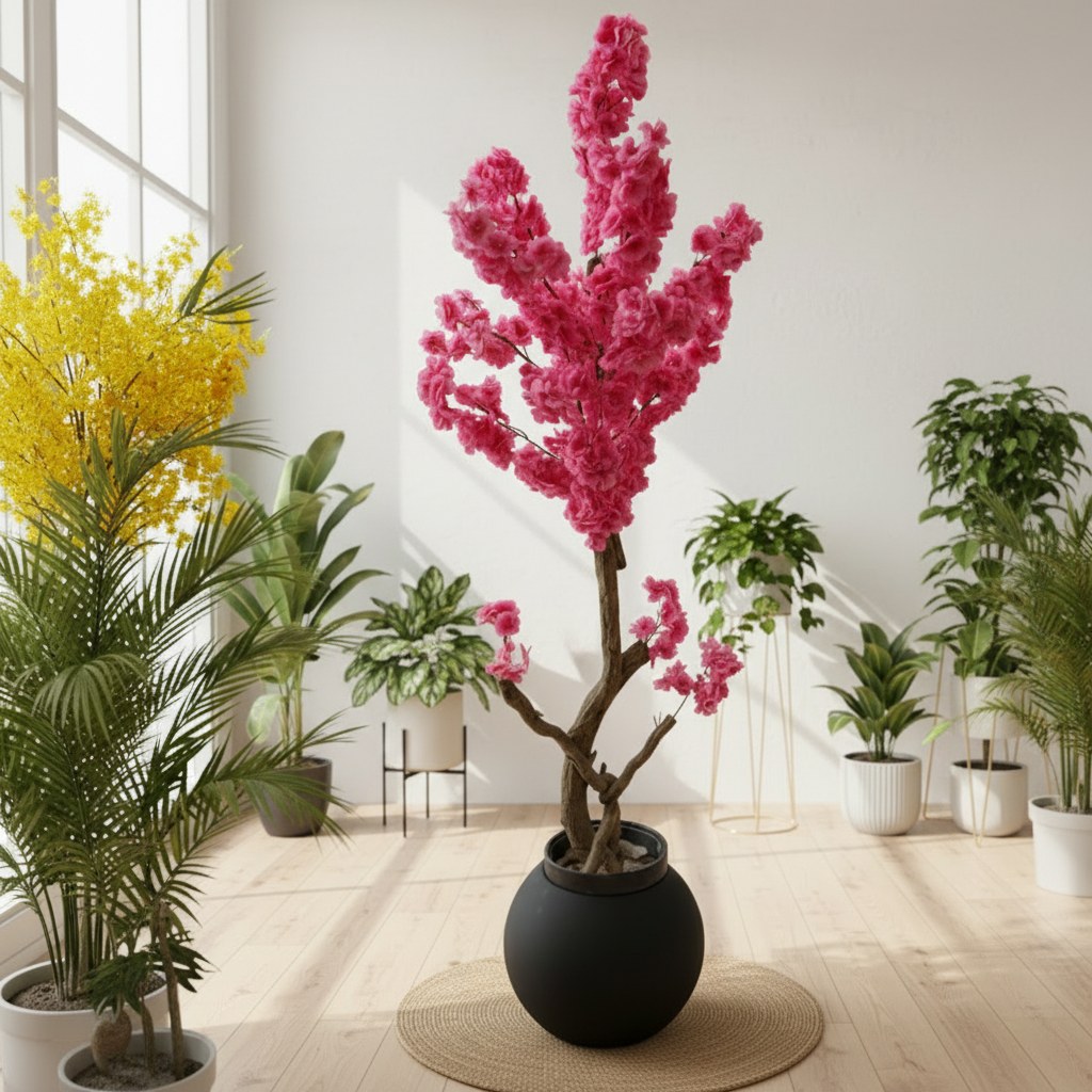 Pink Cherry Blosssom Plant With Round Fiber Pot (5.5 Feet Approx)