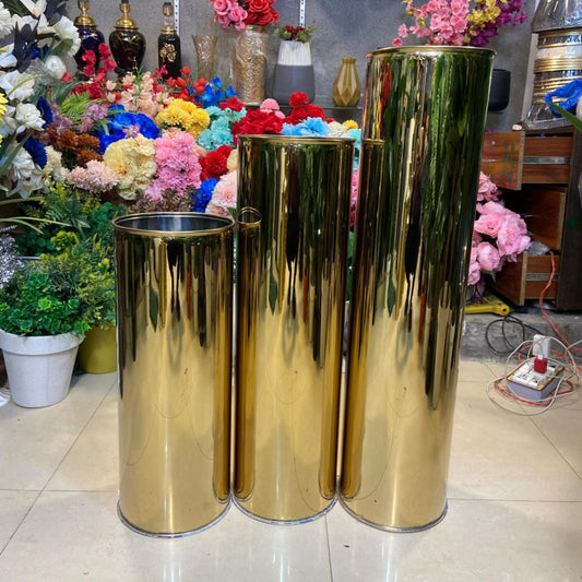 Premium Golden Stainless Steel Cylinder Planters Set of 3. (Size 24",30",36")