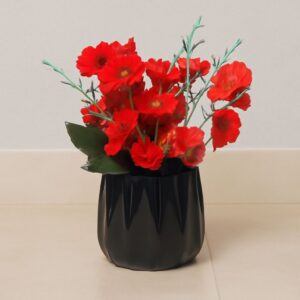Artificial Red Blossoms With Black Diamond Ceramic Pot(9inch Approx)