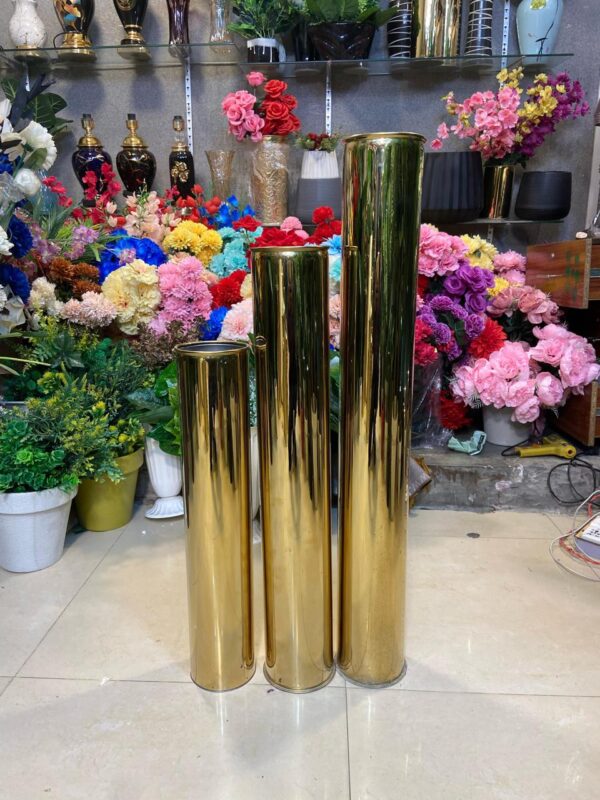 Holding Flower Gold Tall Stainless Steel Cylinder Vases.