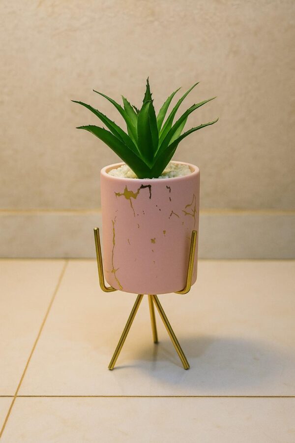 Exclusive Golden White Table Plant With Ceramic Pot and Stand (Cd 8) (9inch Approx)